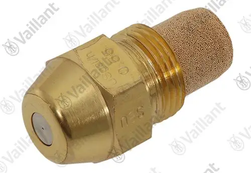 Vaillant Brennerdüse mit verchromtem Kopf und porösem Filterelement, ausgelegt für Heizsystemanwendungen, zeigt typische Bauform mit Gewinde für Befestigung.